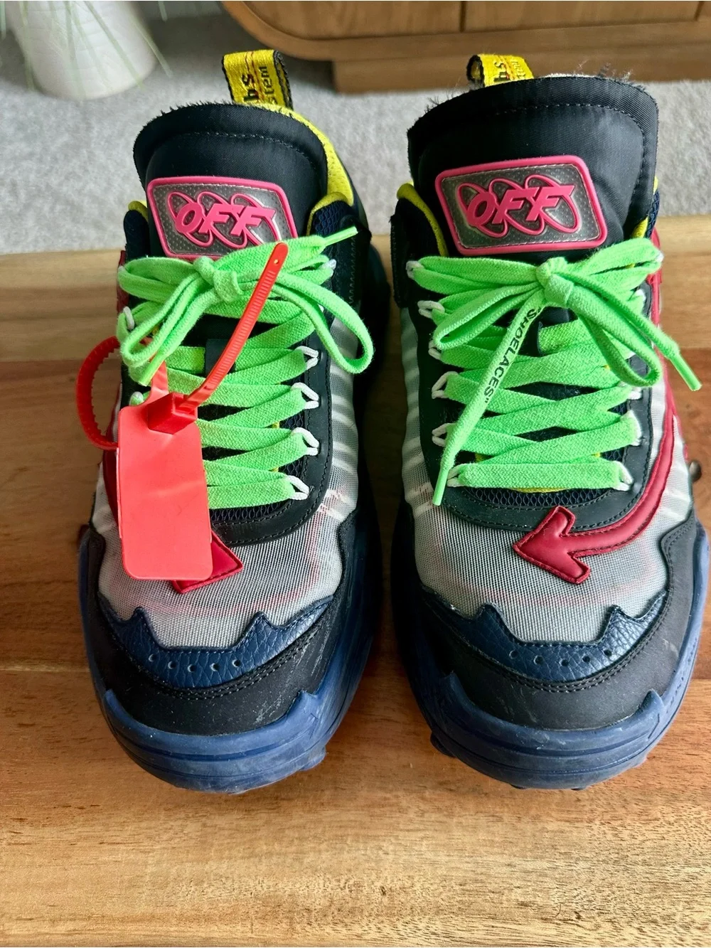 Off-White Men's Multicolor Sneakers - Green Laces, Red Logo, Blue Sole